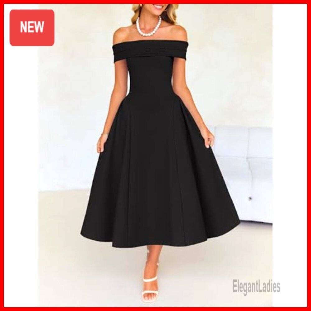 Off Shoulder Short Sleeve Midi Dress Formal Evening Party Swing A Line - Picture 2 of 7